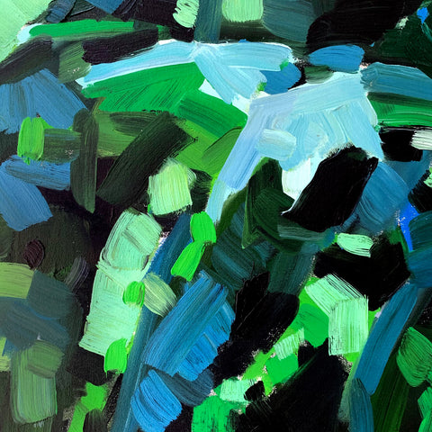 Detail of abstract painting in gestural brushstrokes of blues and greens by Krista Townsend - Cottage Curator - Sperryville VA Art Gallery