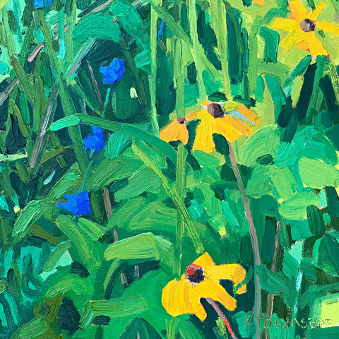 Detail of oil painting of blue and yellow wildflowers against a background of bright green shrubs and plants by Krista Townsend at Cottage Curator - Sperryville VA Art Gallery
