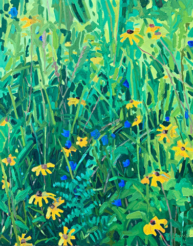 Oil painting of blue and yellow wildflowers against a background of bright green shrubs and plants by Krista Townsend at Cottage Curator - Sperryville VA Art Gallery