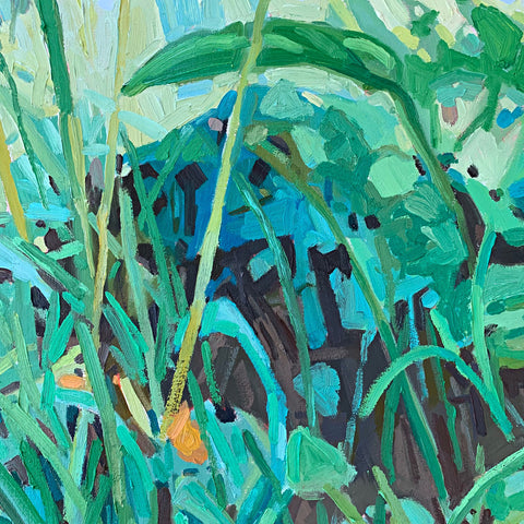 Detail of Oil painting of hostas and and grasses painted in bright greens with background of brown and details of orange by Krista Townsend at Cottage Curator - Sperryville VA Art Gallery