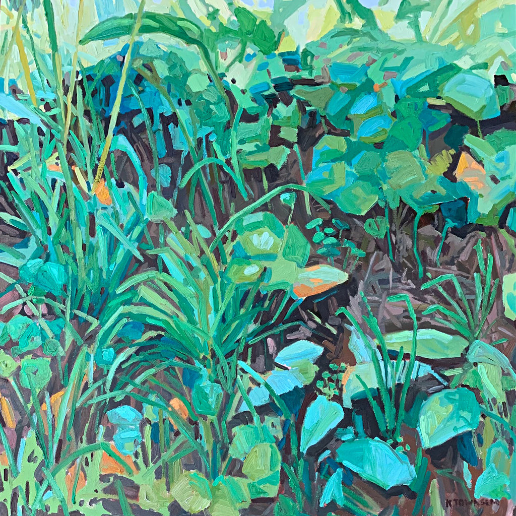 Oil painting of hostas and and grasses painted in bright greens with background of brown and details of orange by Krista Townsend at Cottage Curator - Sperryville VA Art Gallery