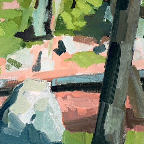 Detail of painting with gestural brushstrokes in a range of green, pink and taupe hues by Krista Townsend at Cottage Curator - Sperryville VA Art Gallery