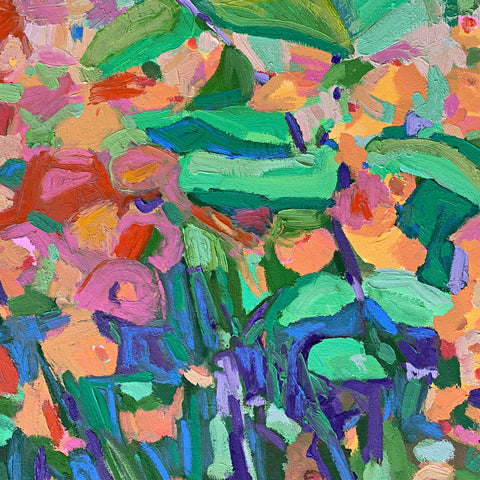 Detail of "Paper Flowers" - a painting of flowers near the woods in various colors by Krista Townsend at Cottage Curator - Sperryville VA Art Gallery