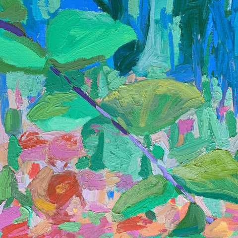 Detail of "Paper Flowers" - a painting of flowers near the woods in various colors by Krista Townsend at Cottage Curator - Sperryville VA Art Gallery