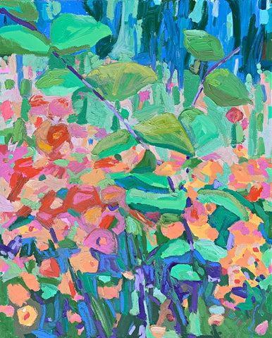 "Paper Flowers" - a painting of flowers near the woods in various colors by Krista Townsend at Cottage Curator - Sperryville VA Art Gallery