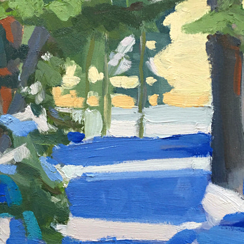 Detail of Painting of a winter scene of pine trees covered in snow with highlights of red reflects sunlight by Krista Townsend at Cottage Curator - Sperryville VA Art Gallery