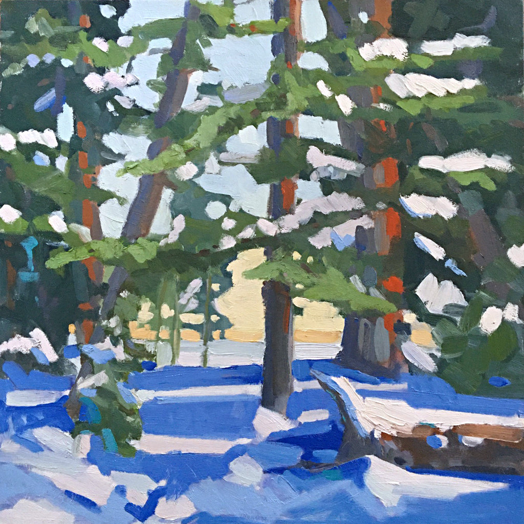 Painting of a winter scene of pine trees covered in snow with highlights of red reflects sunlight by Krista Townsend at Cottage Curator - Sperryville VA Art Gallery