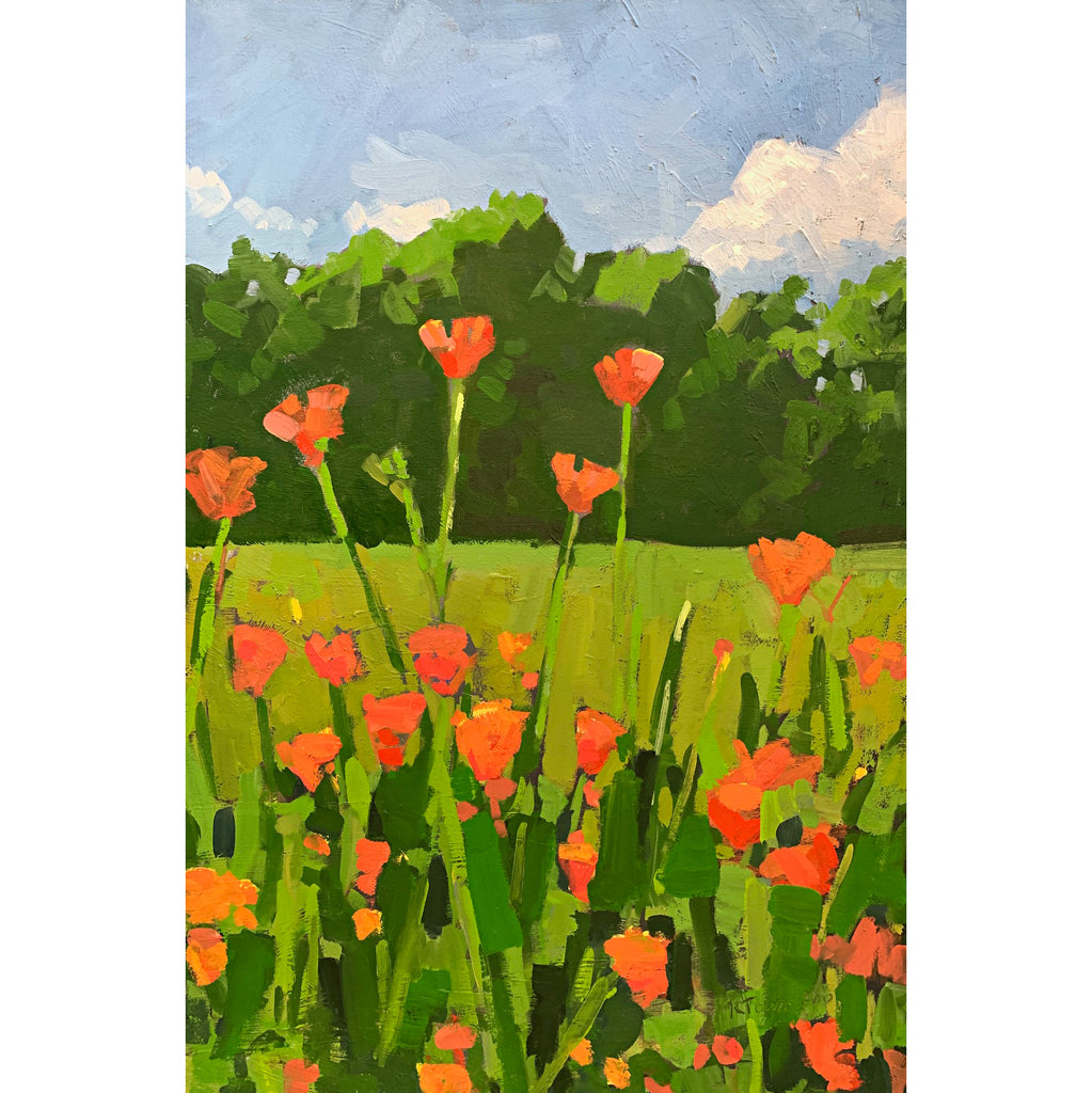 Painting of orange poppies in a green field with trees and blue sky in the distance by Krista Townsend at Cottage Curator - Sperryville VA Art Gallery