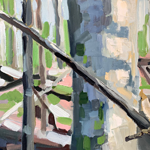 Detail of painting with tree trunks in the forest in shades of green, blue and gray by Krista Townsend at Cottage Curator - Sperryville VA Art Gallery