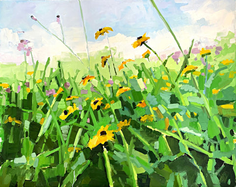 Painting of meadow with black and yellow, and purple wildflowers and horizon with blue sky by Krista Townsend at Cottage Curator - Sperryville VA Art Gallery