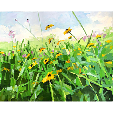 Painting of meadow with black and yellow, and purple wildflowers and horizon with blue sky by Krista Townsend at Cottage Curator - Sperryville VA Art Gallery