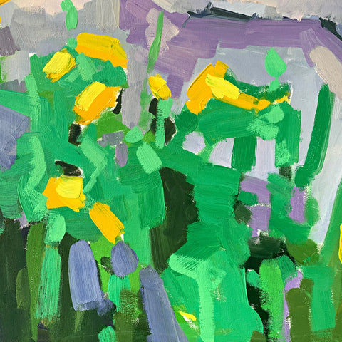 Detail of Painting of wildflowers and rocks in purples, greens and yellows by Krista Townsend at Cottage Curator - Sperryville VA Art Gallery