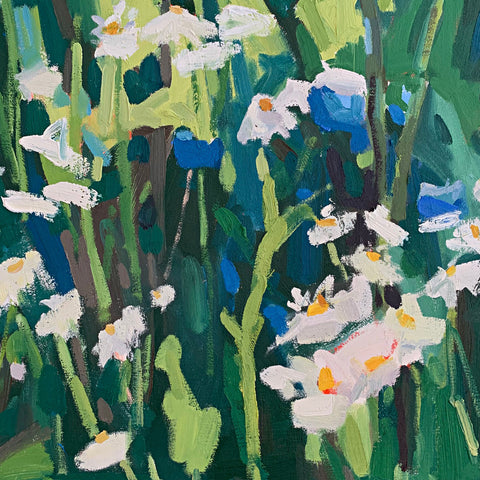 Detail of Oil painting of white wildflowers with yellow centers against greenery and shrubs with a view of blue mountains in the distance by Krista Townsend at Cottage Curator - Sperryville VA Art Gallery