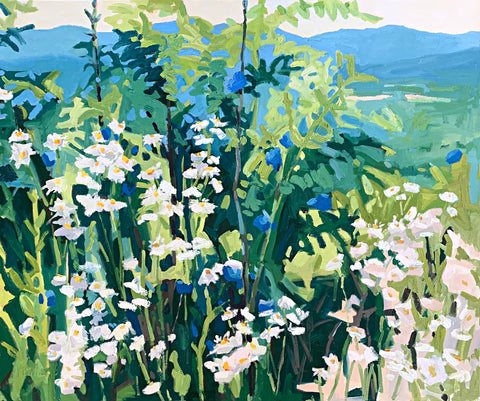 Oil painting of white wildflowers with yellow centers against greenery and shrubs with a view of blue mountains in the distance by Krista Townsend at Cottage Curator - Sperryville VA Art Gallery