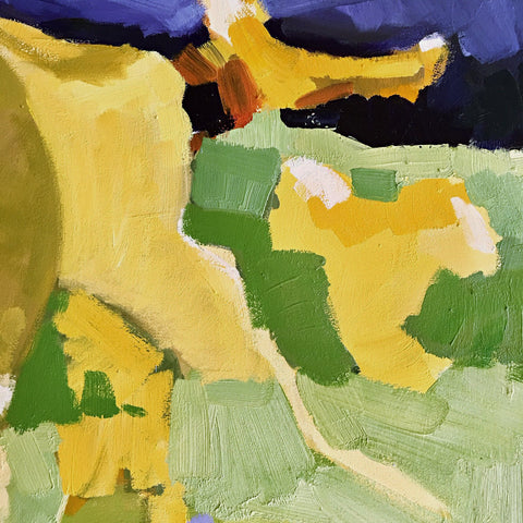 Detail of painting of yellow leaves against a blue and green landscape by Krista Townsend at Cottage Curator Sperryville VA art gallery
