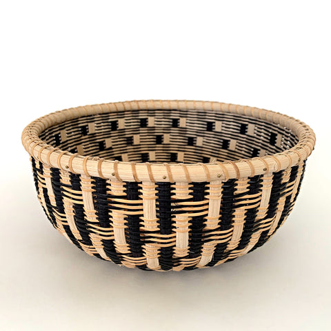 Round basket with natural and black pattern and cherry wood bottom with compass in the center by Susan Tyler at Cottage Curator - Sperryville VA Art Gallery