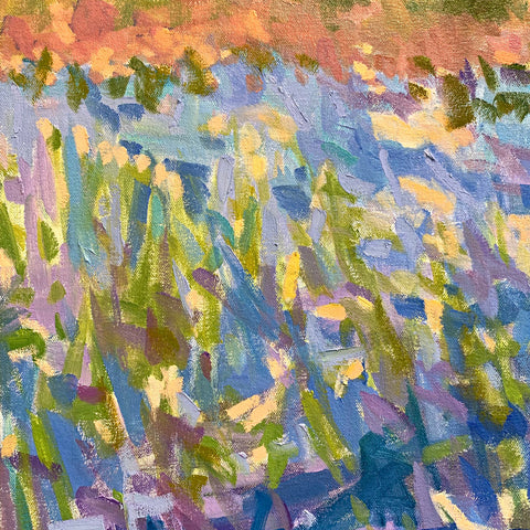 Detail of oil painting with blue, green and purple brush strokes by Priscilla Long Whitlock at Cottage Curator, Sperryville VA Art Gallery