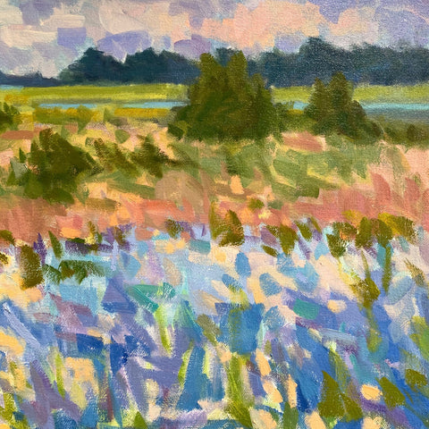 Detail of oil painting with water and fields and trees in the distance by Priscilla Long Whitlock at Cottage Curator, Sperryville VA Art Gallery