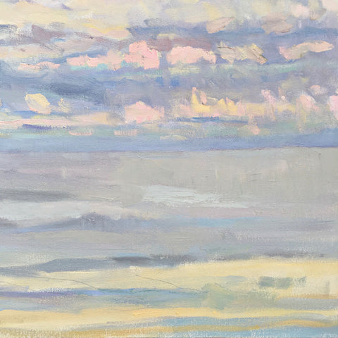 Detail of Oil painting of sea and sky in pastel purples, blues, yellows and pinks by Priscilla Long Whitlock at Cottage Curator, Sperryville VA Art Gallery