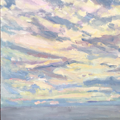 Detail of Oil painting of sea and sky in pastel purples, blues, yellows and pinks by Priscilla Long Whitlock at Cottage Curator, Sperryville VA Art Gallery