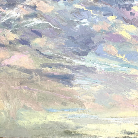 Painting of Sky over the sea with fast moving clouds in purples, blues and yellows by Priscilla Long Whitlock at Cottage Curator - Sperryville VA Art Gallery