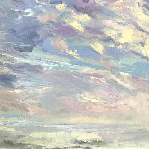 Painting of Sky over the sea with fast moving clouds in purples, blues and yellows by Priscilla Long Whitlock at Cottage Curator - Sperryville VA Art Gallery