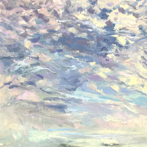 Painting of Sky over the sea with fast moving clouds in purples, blues and yellows by Priscilla Long Whitlock at Cottage Curator - Sperryville VA Art Gallery