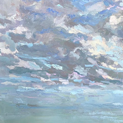 Detail of Seascape painting of colorful clouds in blues, grays, purples and pinks over a pale blue ocean by Priscilla Long Whitlock at Cottage Curator - Sperryville VA Art Gallery