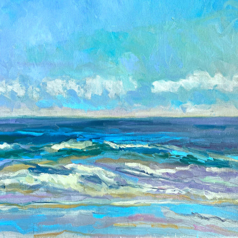 Detail of seascape painting of ocean waves and sky in blues, purples, greens with gold by Priscilla Long Whitlock at Cottage Curator - Sperryville VA Art Gallery