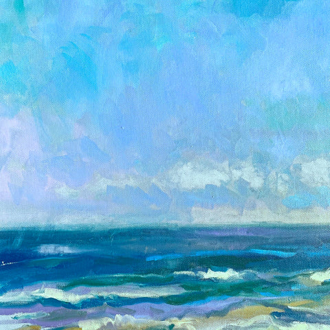 Detail of seascape painting of ocean waves and sky in blues, purples, greens with gold by Priscilla Long Whitlock at Cottage Curator - Sperryville VA Art Gallery