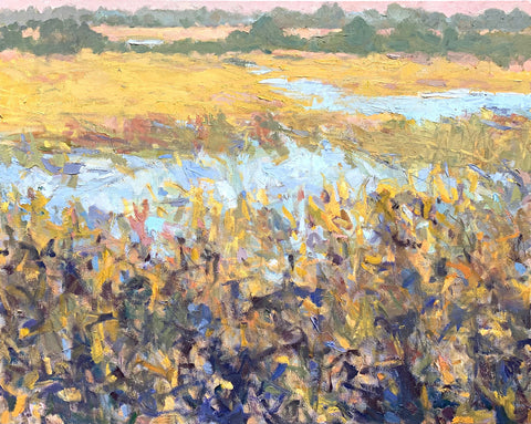 Landscape painting of marsh with pastel pinks, greens, yellows and deep blues by Priscilla Long Whitlock at Cottage Curator - Sperryville VA Art Gallery