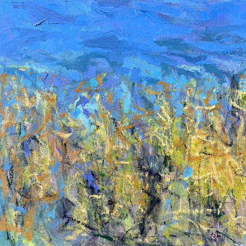 Detail of Landscape oil painting of blue mountains and sky with ochre grasses in the foreground by Priscilla Whitlock at Cottage Curator - Sperryville VA Art Gallery