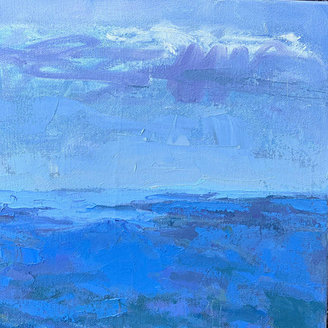 Detail of landscape oil painting of blue mountains and sky with ochre grasses in the foreground by Priscilla Whitlock at Cottage Curator - Sperryville VA Art Gallery
