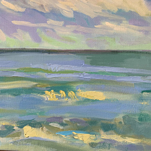 Detail of oil painting of sea and sky in blues with pinks and greens by. Priscilla Whitlock at Cottage Curator - Sperryville VA Art Gallery