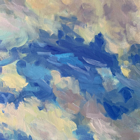 Detail of oil painting of sea and sky in blues with pinks and greens by. Priscilla Whitlock at Cottage Curator - Sperryville VA Art Gallery