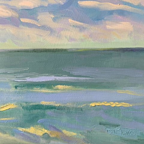 Detail of oil painting of sea and sky in blues with pinks and greens by. Priscilla Whitlock at Cottage Curator - Sperryville VA Art Gallery