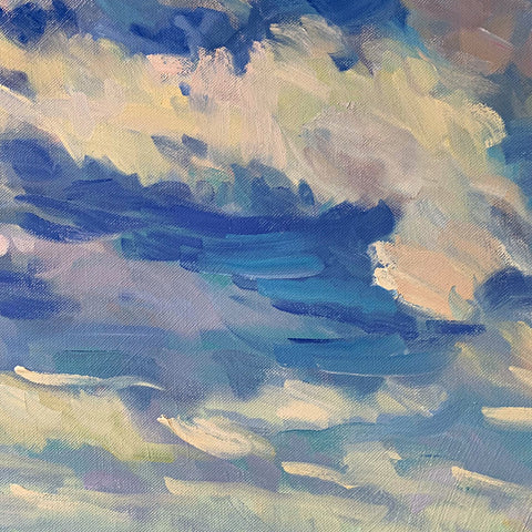 Detail of oil painting of sea and sky in blues with pinks and greens by. Priscilla Whitlock at Cottage Curator - Sperryville VA Art Gallery