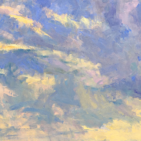 Detail of sky from oil painting in purples, blues, yellows and pinks by Priscilla Long Whitlock at Cottage Curator, Sperryville VA Art Gallery