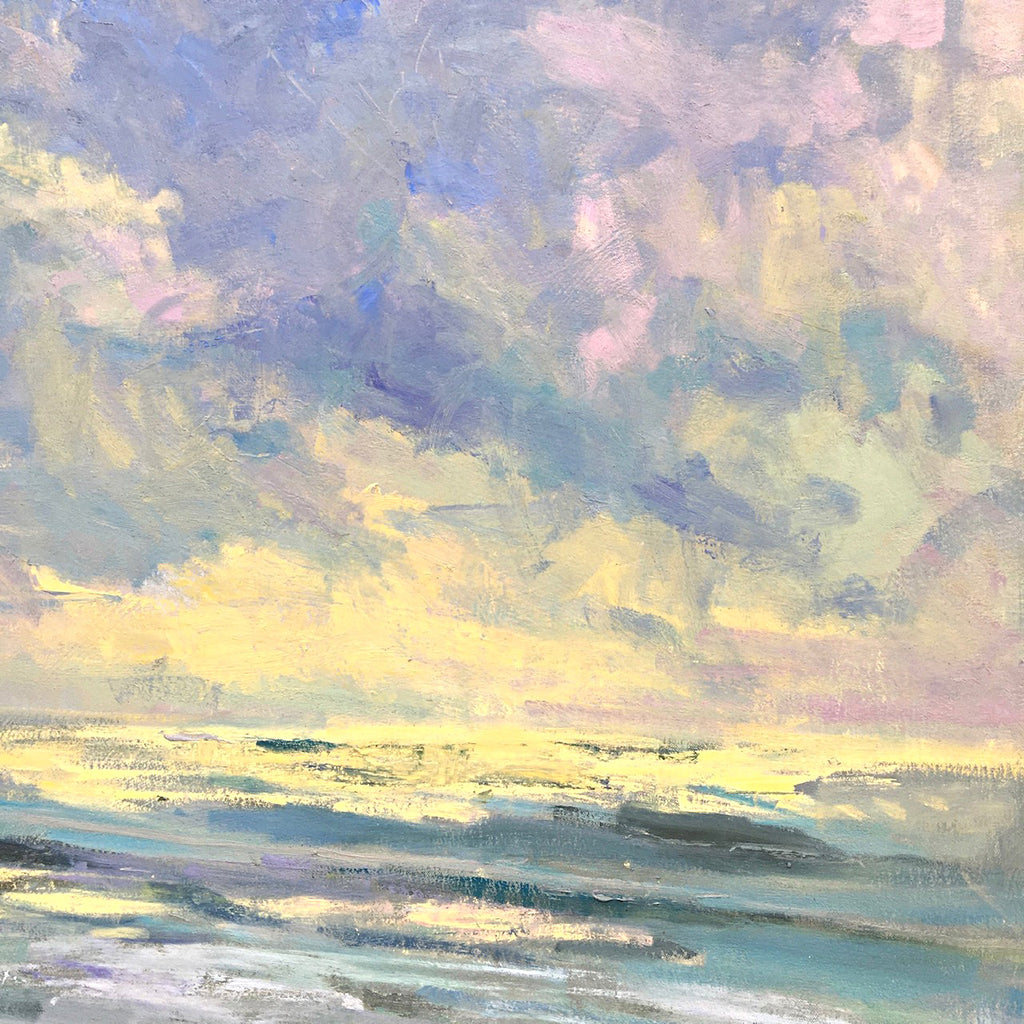 Oil painting of sea and sky in purples, blues, yellows and pinks by Priscilla Long Whitlock at Cottage Curator, Sperryville VA Art Gallery
