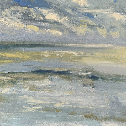 Detail of oil painting of sea and sky in blues with pinks and ochres by Priscilla Whitlock at Cottage Curator - Sperryville VA Art Gallery