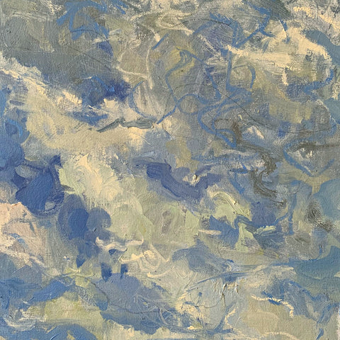 Detail of oil painting of sea and sky in blues with pinks and ochres by Priscilla Whitlock at Cottage Curator - Sperryville VA Art Gallery