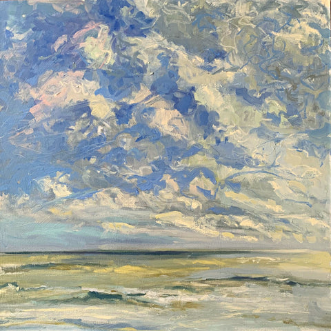 Oil painting of sea and sky in blues with pinks and ochres by Priscilla Whitlock at Cottage Curator - Sperryville VA Art Gallery