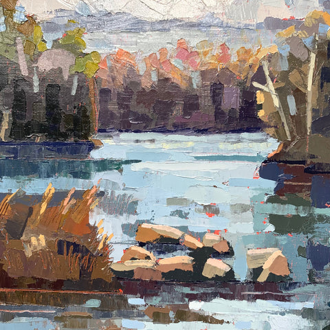 Detail of Painting of autumn scene with trees and grasses near water in blues, oranges, pinks and browns by Joan Wiberg at Cottage Curator - Sperryville VA