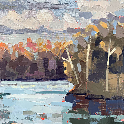 Detail of Painting of autumn scene with trees and grasses near water in blues, oranges, pinks and browns by Joan Wiberg at Cottage Curator - Sperryville VA