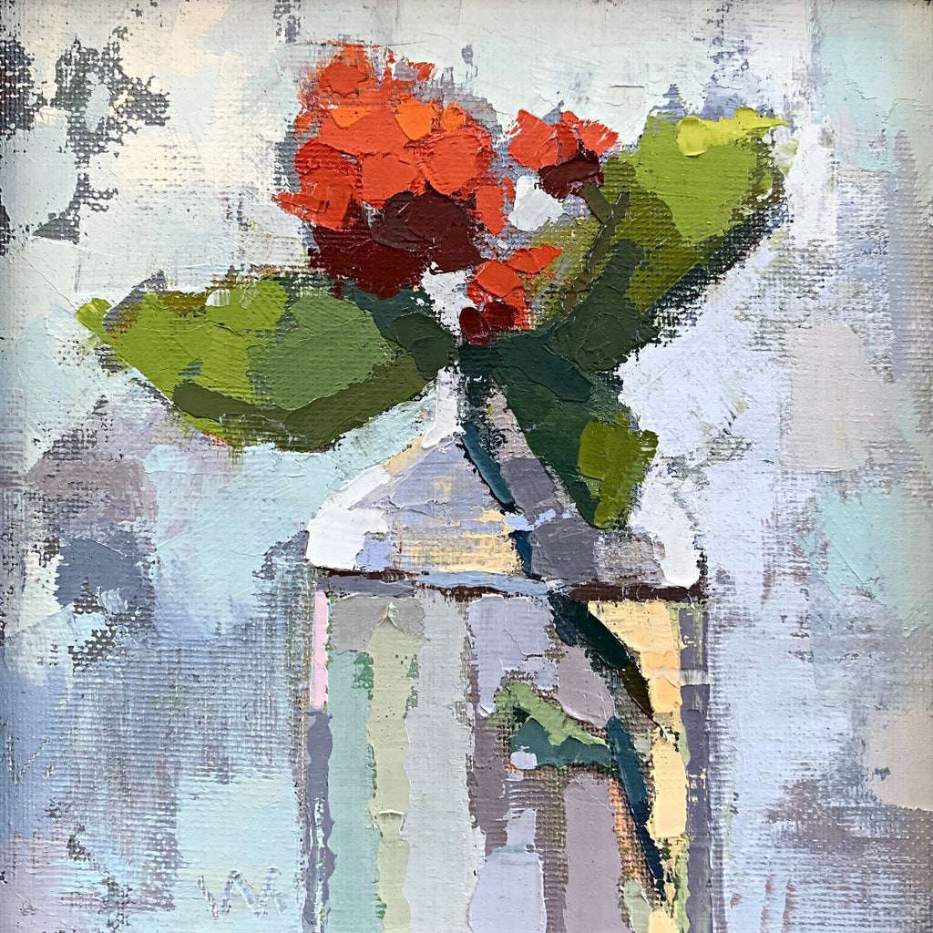 Painting of an orange lantana in a glass vase with gestural brush strokes and pastel background by Joan Wiberg at Cottage Curator - Sperryville VA Art Gallery