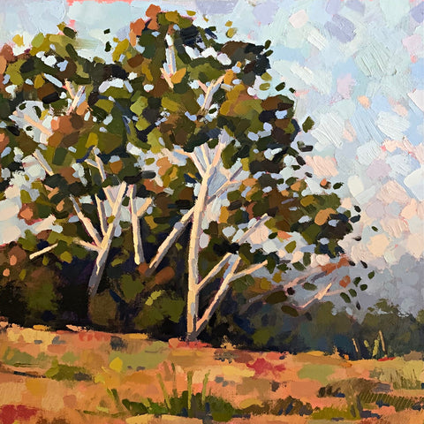 Detail of Landscape painting of an autumn day in olive greens, browns, reds and warm blue skies by Joan Wiberg at Cottage Curator - Sperryville VA Art Gallery