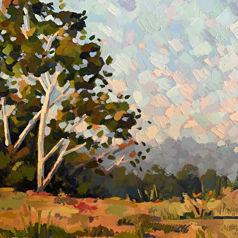 Detail of Landscape painting of an autumn day in olive greens, browns, reds and warm blue skies by Joan Wiberg at Cottage Curator - Sperryville VA Art Gallery