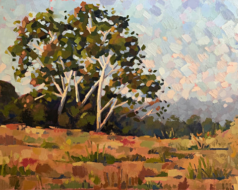 Landscape painting of an autumn day in olive greens, browns, reds and warm blue skies by Joan Wiberg at Cottage Curator - Sperryville VA Art Gallery