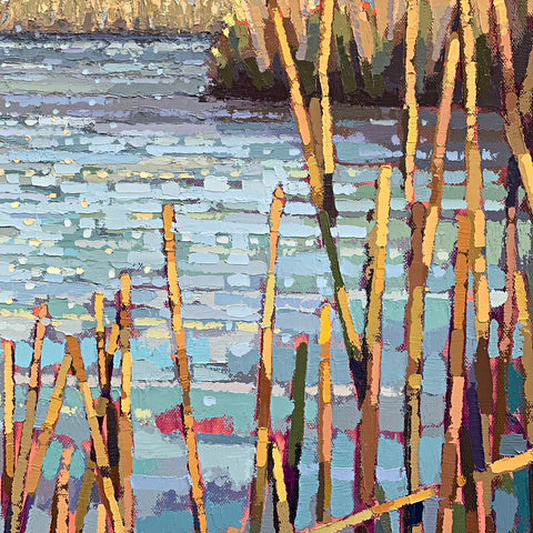Detail of yellow marsh grasses and water from painting of bay marsh with warm glow of afternoon sun by Joan Wiberg at Cottage Curator - Sperryville VA Art Gallery