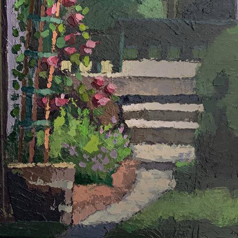Detail of Painting of garden with steps and trellis of roses by Joan Wiberg at Cottage Curator - Sperryville VA Art Gallery